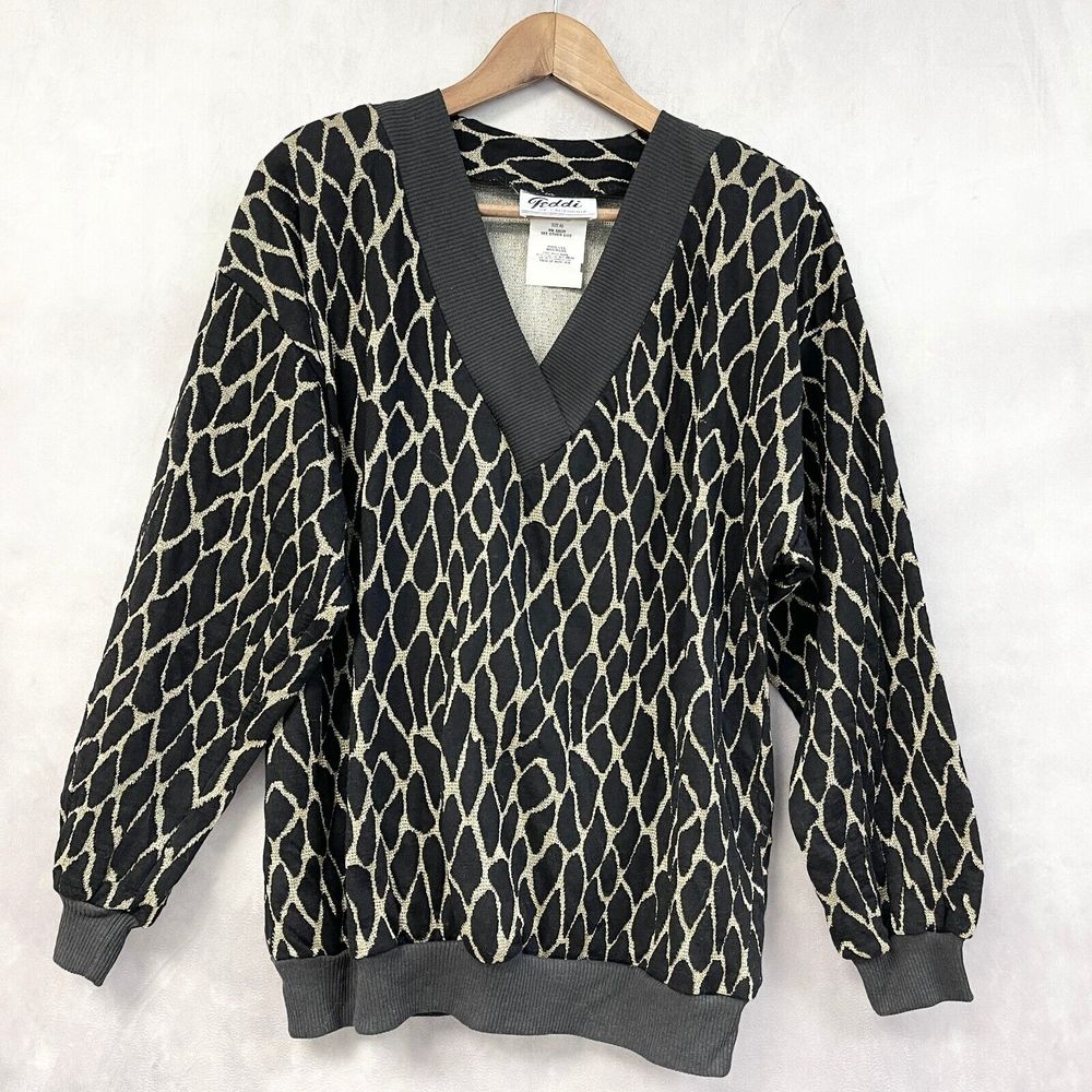 VTG 80s Teddi of California Knit Top Women L/XL Animal Print Grunge Retro Jungle
